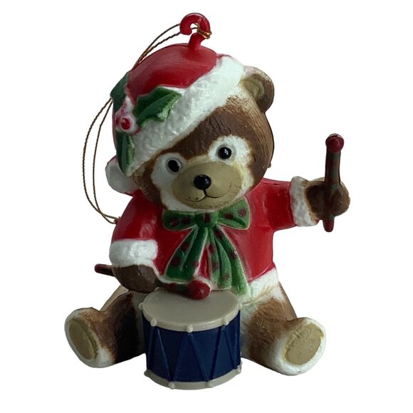 Vtg Russ Berrie Teddy Bear Drummer Santa Claus Costume Hat Christmas Ornament - Picture 1 of 6